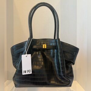 JW PEI Hana Medium Black Croc-Textured Tote